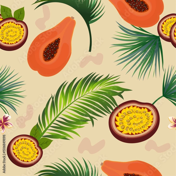 Obraz Tropical seamless pattern with papaya, passion fruit and palm leaves. Exotic summer fruits on a soft beige background.