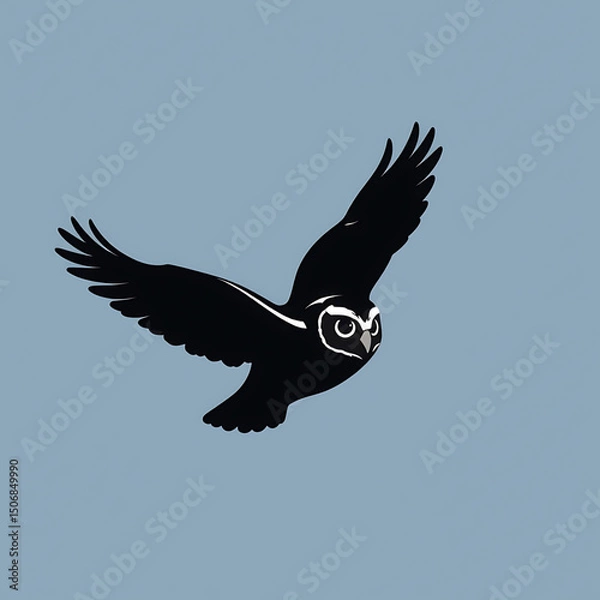 Fototapeta Owl Soaring: A captivating silhouette of an owl in flight against light blue sky, highlighting its wing spread, strength, and the beauty of wildlife in its natural environment.