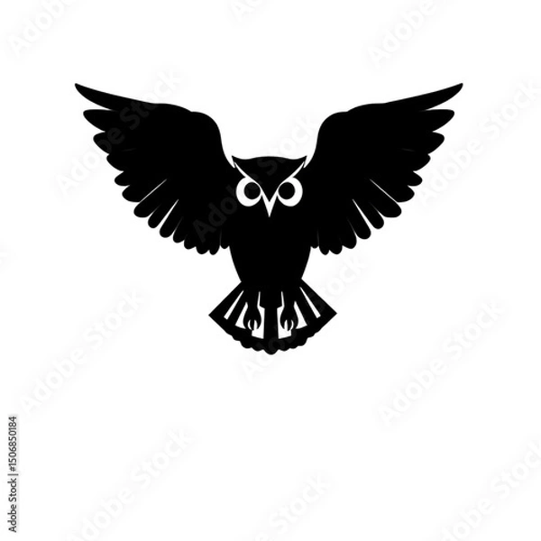 Fototapeta Soaring Silhouette: A stylized, minimalist illustration of an owl in full flight, its wings spread wide, a symbol of wisdom, vigilance, and freedom against a stark background.