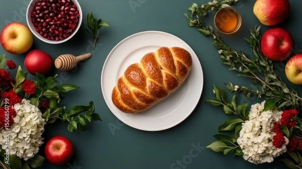 Fototapeta Beautifully Set Rosh Hashanah Dinner Table with Apples, Pomegranates, and Traditional Bread