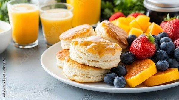 Fototapeta A Beautifully Set Table Featuring Fluffy Biscuits with Gravy Surrounded by Fresh Fruits and Juices