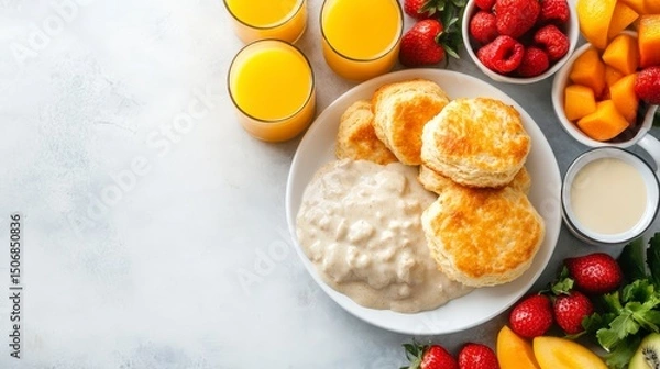 Fototapeta Beautifully Set Table with Biscuits, Gravy, and Fresh Fruits for a Delicious Breakfast Experience
