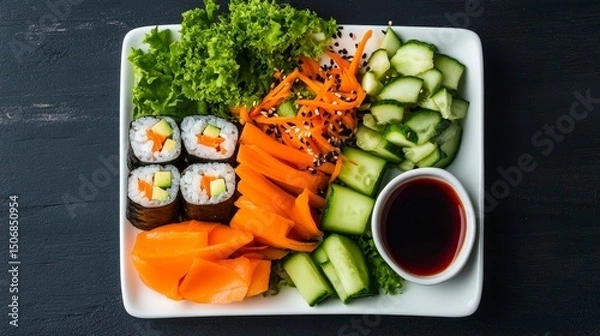 Fototapeta Beautifully Arranged Plate of Colorful Vegetarian Sushi with Fresh Vegetables and Soy Sauce