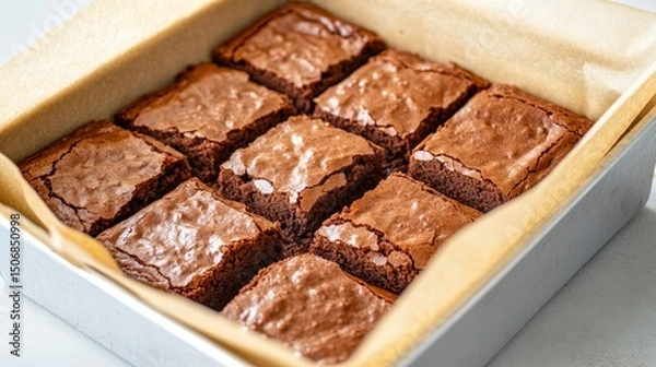 Fototapeta Homemade Brownies Freshly Baked in a Square Pan with Perfectly Cut Pieces Ready to Enjoy with Friends