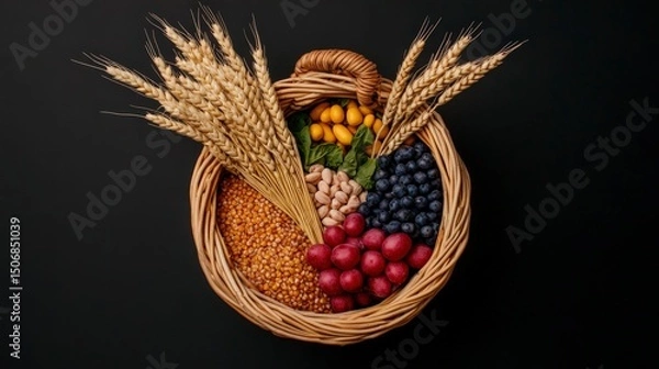Fototapeta Freshly Harvested Grain and Fruits in a Basket Overflowing with Nature's Bounty