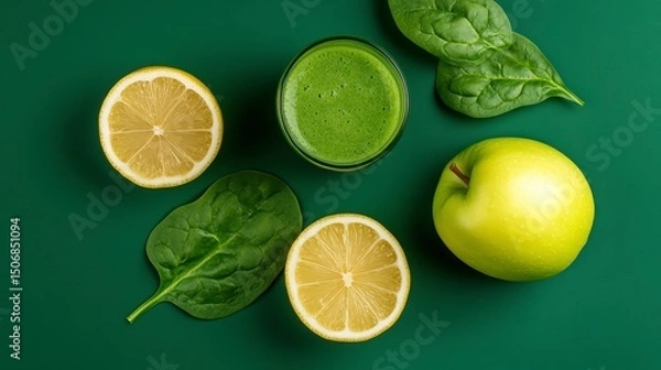Fototapeta Refreshing Green Smoothie with Spinach, Lemon, and Apple on a Vibrant Background for a Healthy Start