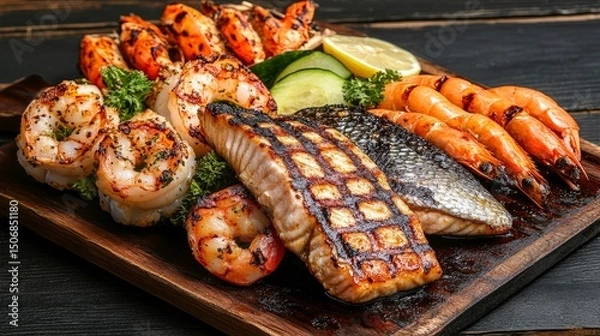 Fototapeta Grilled Seafood Platter with Asparagus, Lemon, and Soy Sauce in Asian Style Presentation on Dark Wood Table