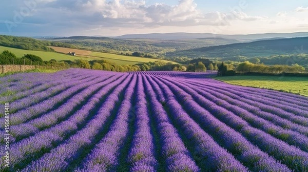 Fototapeta Expansive Aerial View of Vibrant Bluebell Field Surrounded by Lush Green Hills Under a Scenic Sky