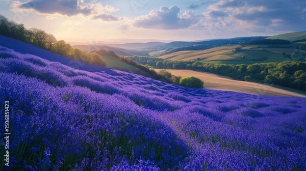 Fototapeta Aerial View of a Bluebell Field Stretching Across Rolling Hills Under a Serene Sky