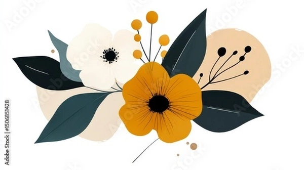 Fototapeta Hand-Drawn Abstract Floral Composition with Botanical Elements in Earthy Tones and Organic Shapes