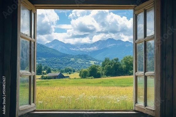 Obraz Scenic Panorama: Breathtaking Mountain Landscape Through a Rustic Wooden Window