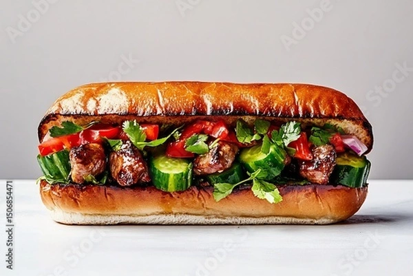 Fototapeta **Vietnamese Banh Mi Sandwich With Pickled Vegetables And Grilled Meat, On Minimalist White Surface --Ar 3:2 --S 430 --V 6.1 --P G8Gxrjv** - @Darya (Relaxed)