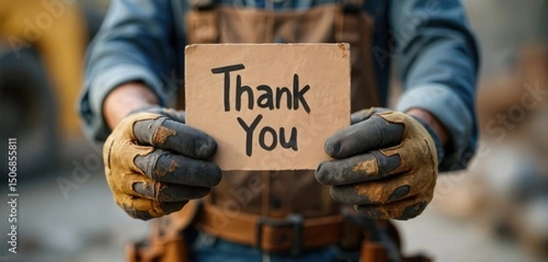 Fototapeta Caucasian male worker holds Thank You sign with gloves. Worker shows appreciation for construction. Gritty hands construction site. Manual labor gratitude acknowledgment hard work.
