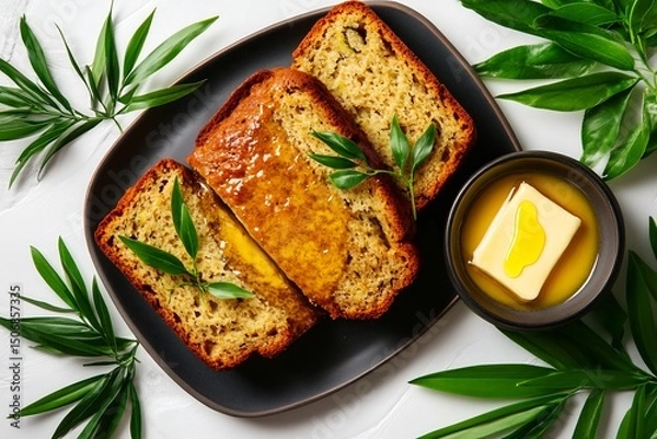 Fototapeta **Warm Banana Bread Slices With Melted Butter On The Side, Styled Cozy Breakfast Feel On White --Ar 3:2 --V 6.1 --S 250 --P G8Gxrjv** - @Darya (Relaxed)