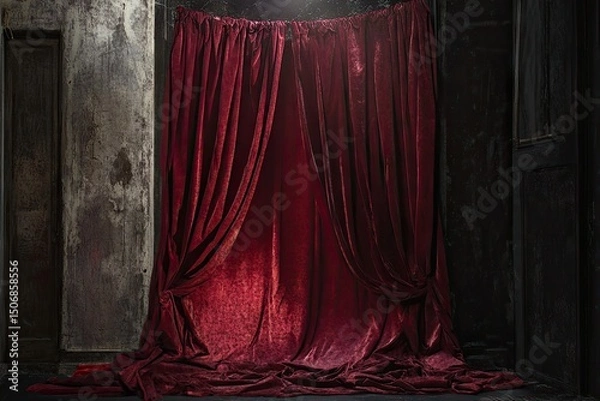 Obraz Red Curtains Draped in a Dusty Room