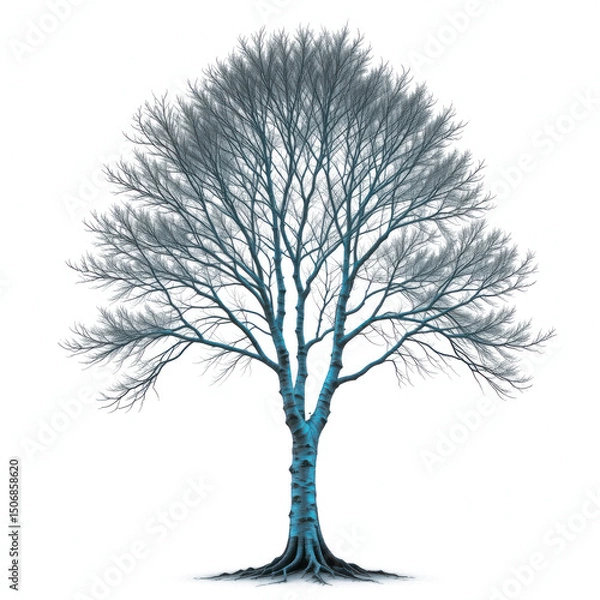 Fototapeta Slender silver birch tree, its white bark streaked with cyan glowing veins, full tree, png transparent background