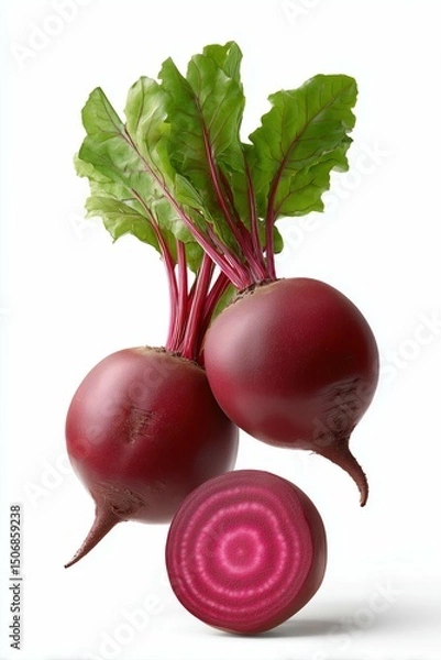 Fototapeta Three fresh beetroots floating in mid-air, one of the beets is sliced