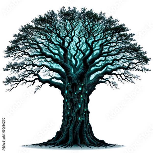 Fototapeta Sprawling bioluminescent baobab tree, thick trunk with intricate patterns glowing in teal, entire tree, isolated png transparent background