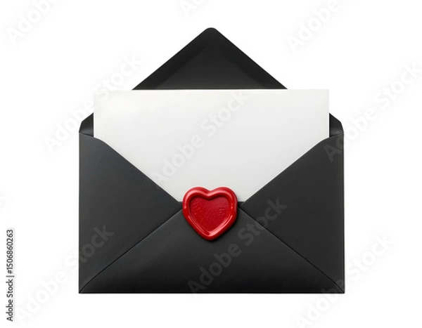Fototapeta Open black envelope with blank white card and red heart seal, Valentine's Day invitation, Romantic greeting card mockup, isolated on transparent background