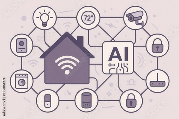 Fototapeta Smart Home Internet of Things Concept Connected Devices Appliances Network Visualization AI Controlled Automation Modern Living Technology Integration Illustration