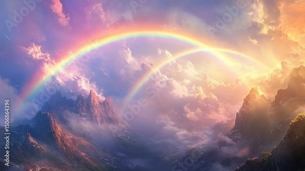 Fototapeta The sky becomes a vivid canvas as a double rainbow emerges, transforming the atmosphere into a breathtaking spectacle that seems to defy reality