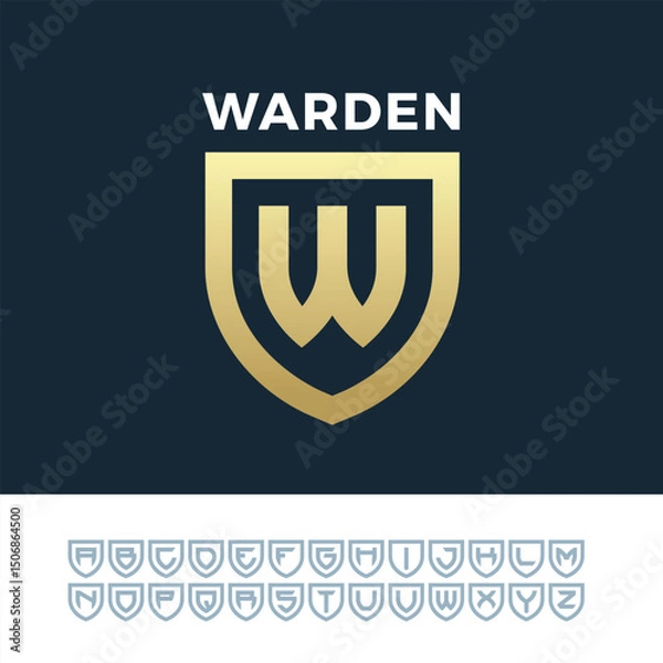Fototapeta Shieldmark Font. Bold Letter Emblems Inside Shield Shapes. Perfect for Sports Logos, Team Branding, Personal Identity, and Merchandise Design. Vector Illustration.