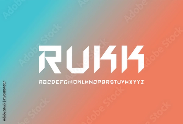 Fototapeta RUKK Font. Bold Geometric Display Typeface with Sharp Edges and Brutal Style. Strong Masculine Capital Letters for Logos, Sports, and Modern Branding. Vector Illustration.

