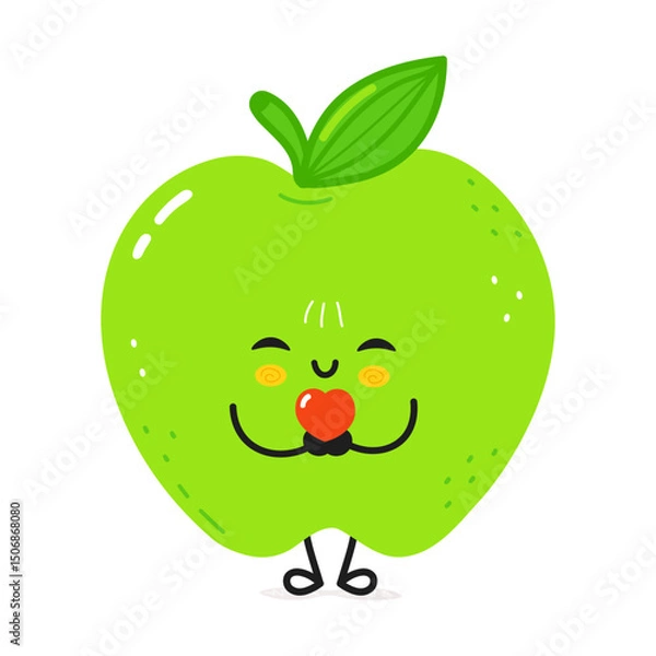 Obraz Smiling Green Apple character hugging red heart, symbolizing love and wellness for valentine s campaign or nutrition concepts