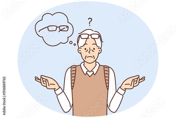 Fototapeta Sad man spreads arms thinking about glasses that have ceased to solve vision problems