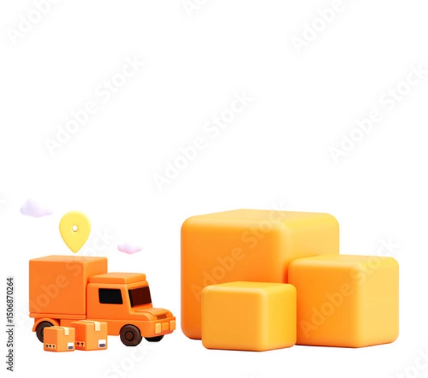 Fototapeta 3D Render of Orange Delivery Truck and Boxes with Map Pin and Clouds on Transparent Background
