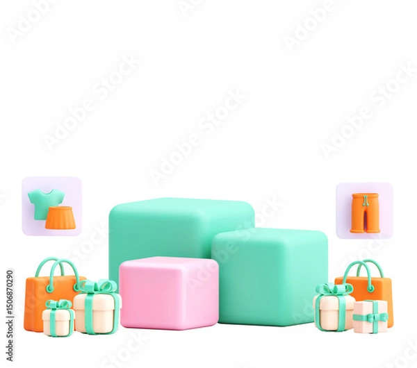 Fototapeta 3D Render of Fashion Shopping Scene with Colorful Boxes, Gifts, and Apparel Icons on Transparent Background