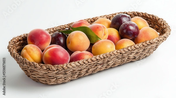 Fototapeta Fresh peaches and plums in woven basket create vibrant and inviting display of summer fruits