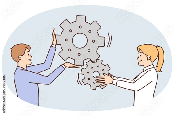 Fototapeta Man and woman move gears togethersymbolizing industrial business process