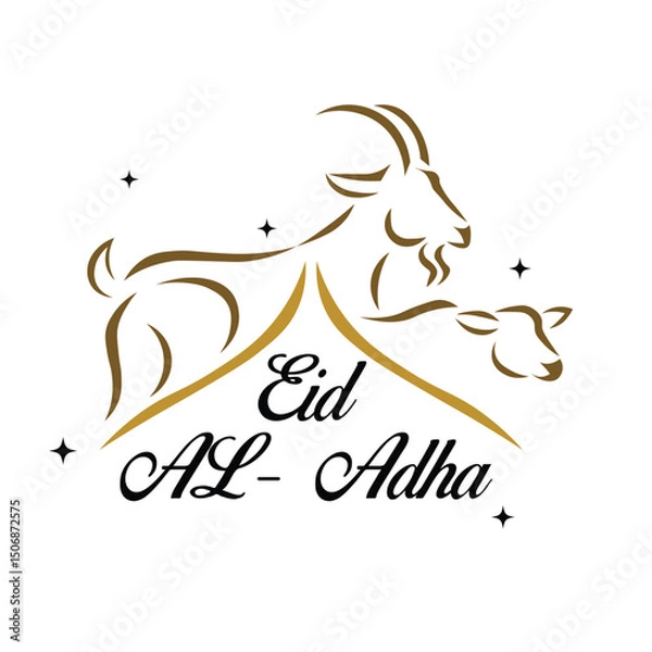 Fototapeta Bakri creative template vector card, Eid al adha mubarak the celebration of muslim community festival background, banner, greeting design with gold color theme. lamb and goat
