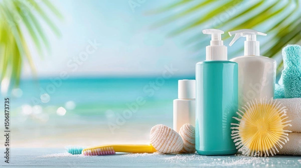 Fototapeta Beach cleaning supplies arranged with shells and toothbrush, evoking refreshing and clean atmosphere