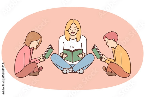 Fototapeta Mom and kids sit on floor with book and enthusiastically read interesting stories