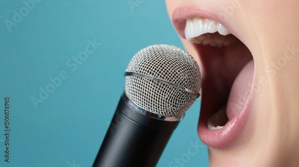 Fototapeta Close up of person singing into microphone, showcasing vocal expression and sound production. image captures passion