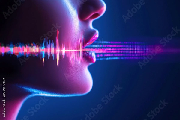 Fototapeta Close up of woman profile with colorful sound waves emanating from her mouth, symbolizing voice and speech