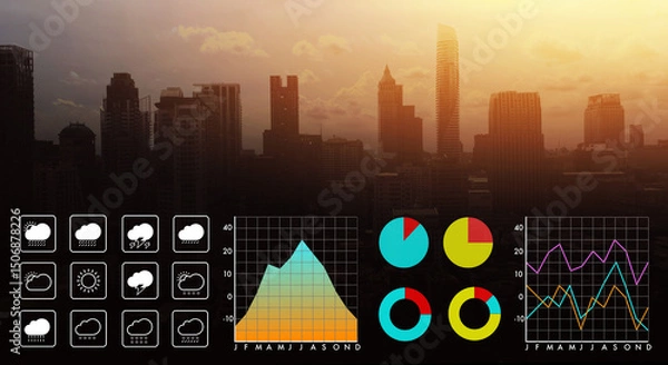 Fototapeta Image of urban silhouette skyline on hot humid summer sky with weather symbol, graph and chart data forecast for Meteorology presentation and report background.
