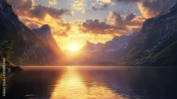 Fototapeta The warm light of the setting sun illuminates the watera??s edge of a lake, framed by towering mountains, creating a breathtaking scene