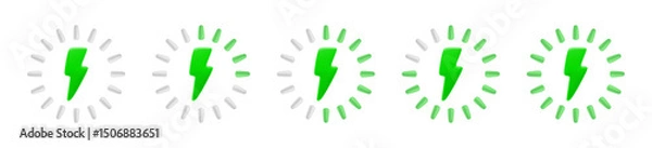 Fototapeta Vector cartoon 3d battery charge level indicator icon set. Realistic render green lightning and circle energy level bar. Charging status round diagram collection, battery capacity from empty to full.
