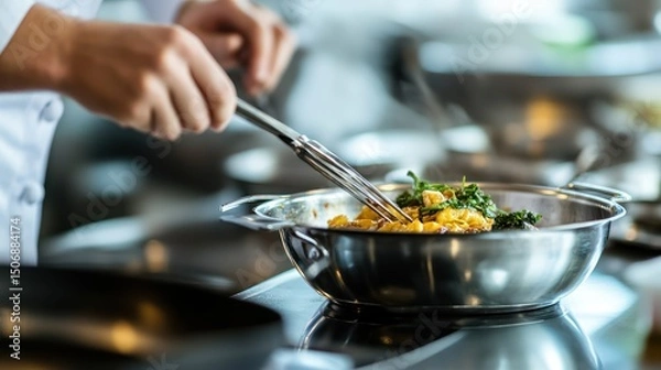 Obraz Chef plating food in busy kitchen