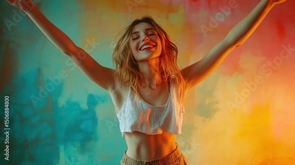 Obraz Radiant Joy: A woman embraces freedom against a vibrant backdrop.