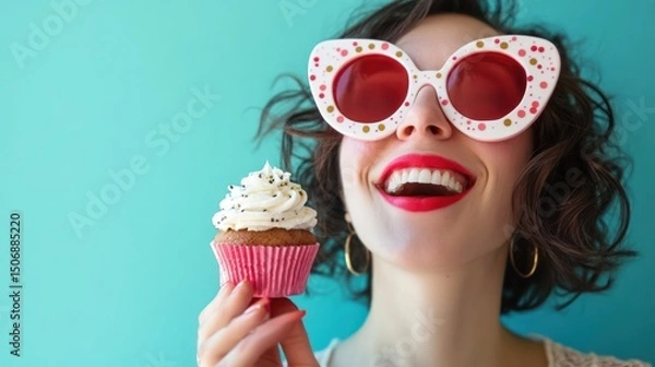 Obraz Happy woman, teal background, cupcake, oversized sunglasses, joyful expression, food photography, advertising