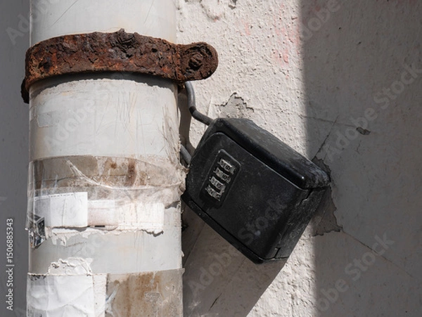 Obraz Key safe (outdoor key lock box) in a tourist apartment, attached to a pipe with a rusty hook, waiting to be opened next to a white wall