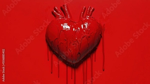 Obraz Melted red heart dripping paint, red background, studio shot, Valentine's concept