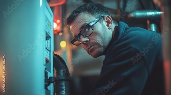 Obraz Focused technician inspecting industrial equipment in a dimly lit environment