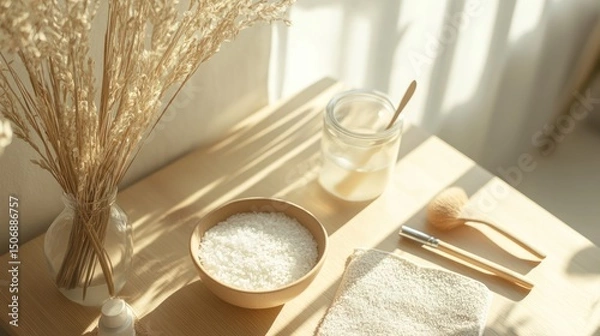 Obraz Sunlit spa table, rice facial, wooden tools, pampas grass