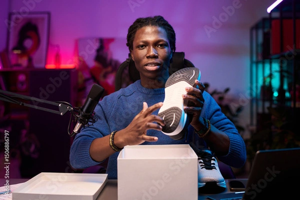 Fototapeta Portrait of young Black man showing fitness shoe with professionalism in modern studio setting. Background includes artwork, microphone, and shelves for an engaging atmosphere