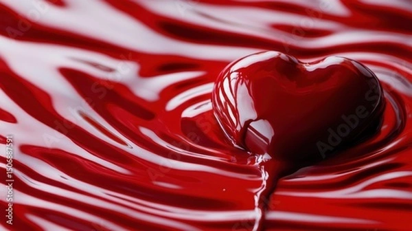 Obraz Red heart chocolate melts in rich sauce; romantic backdrop